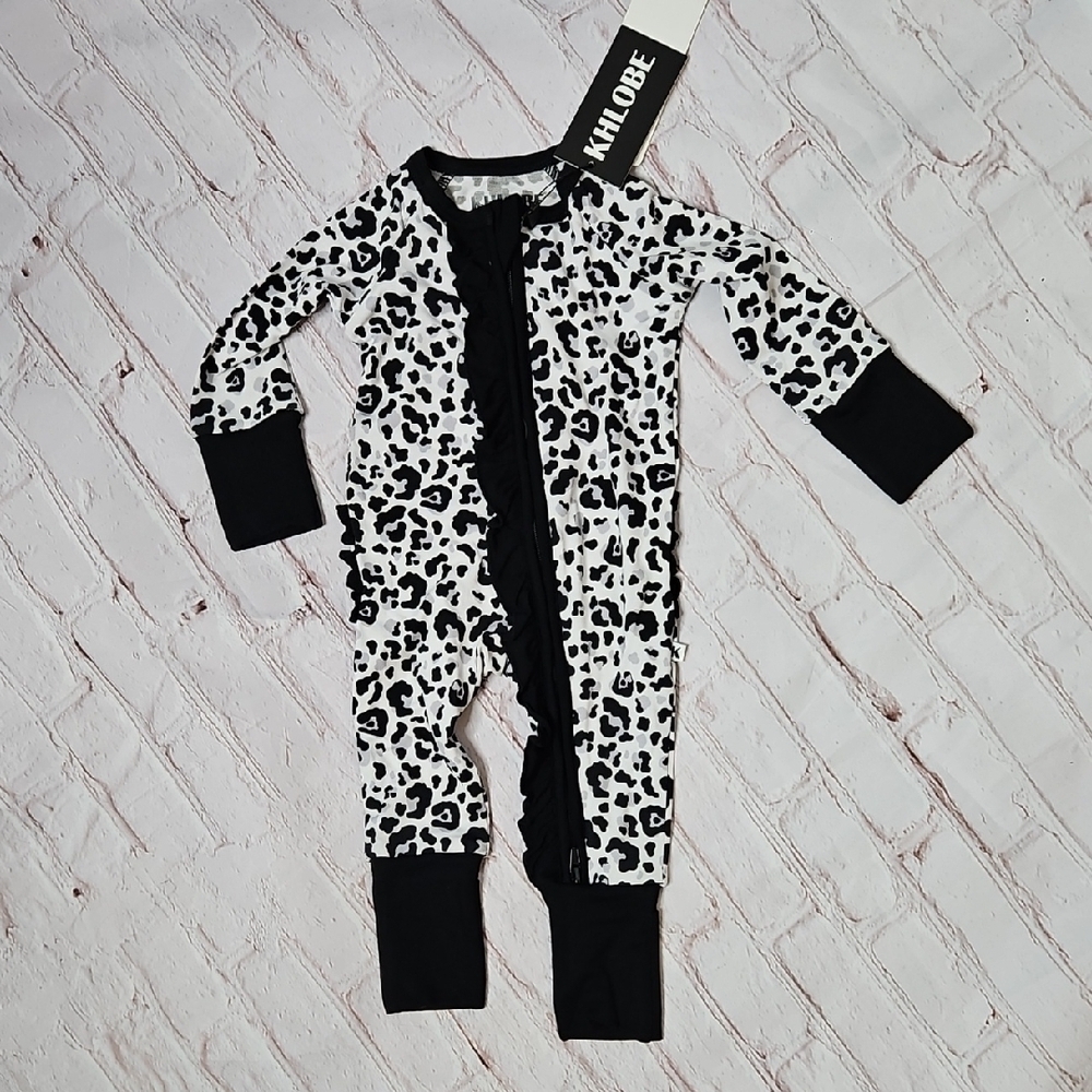 Khlobe One Piece Ruffle Bottom Zippie  Leopard Print Pajama Newborn NWT
